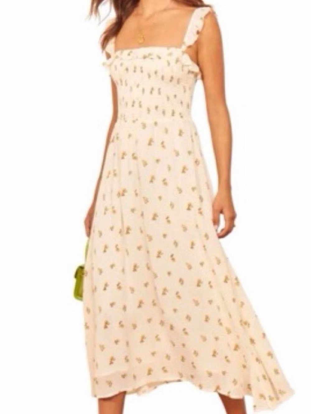 Reformation Siesta Cream Floral Smocked Midi Dress with Ruffle Straps